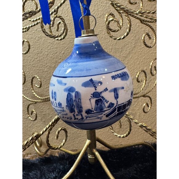 Delft Blue Holland Ceramic Ornament Windmill Design Ball Shape - Picture 1 of 9
